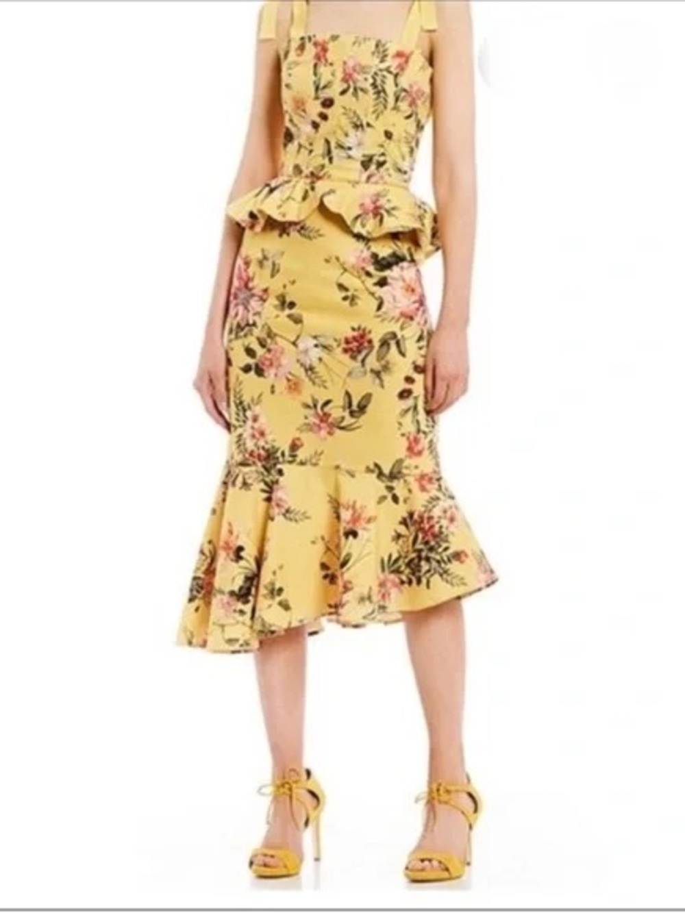 NWT Antonio Melani Yellow Floral Peplum Midi Dress Size 4